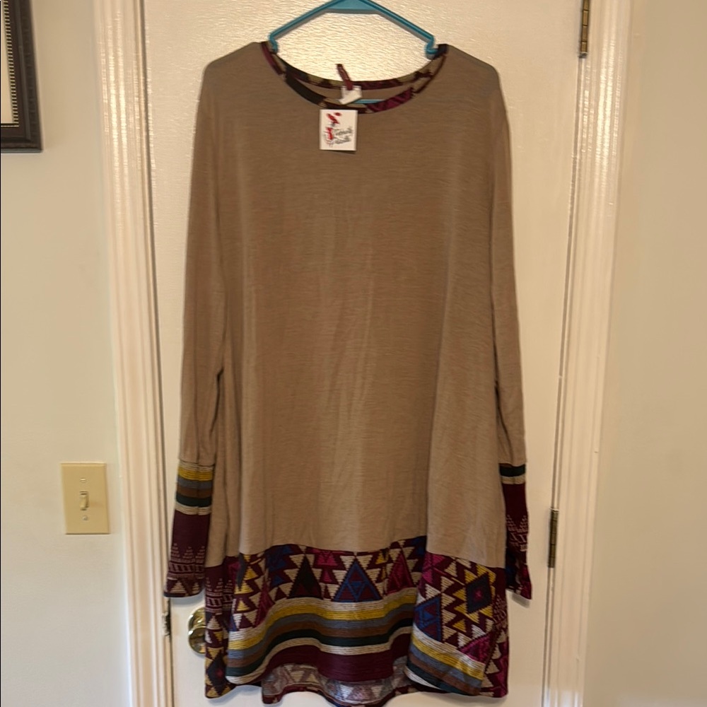 Bohemian Long Sleeve Tunic with Geometric Hem